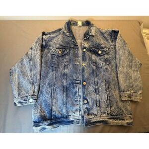 Vintage Acid Wash Denim Jacket Blue Oversized 80s Trucker Jean Jacket Womens L